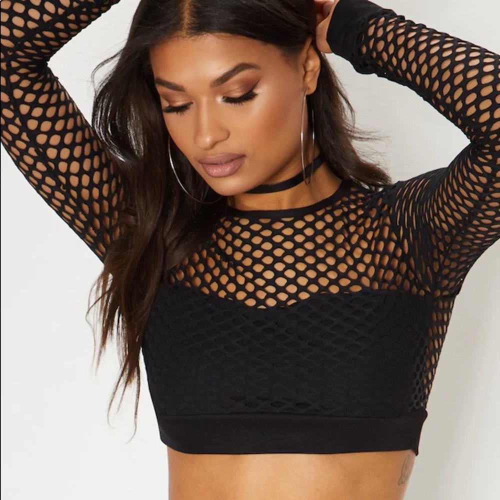 Black Fishnet Long Sleeve Crop Top
